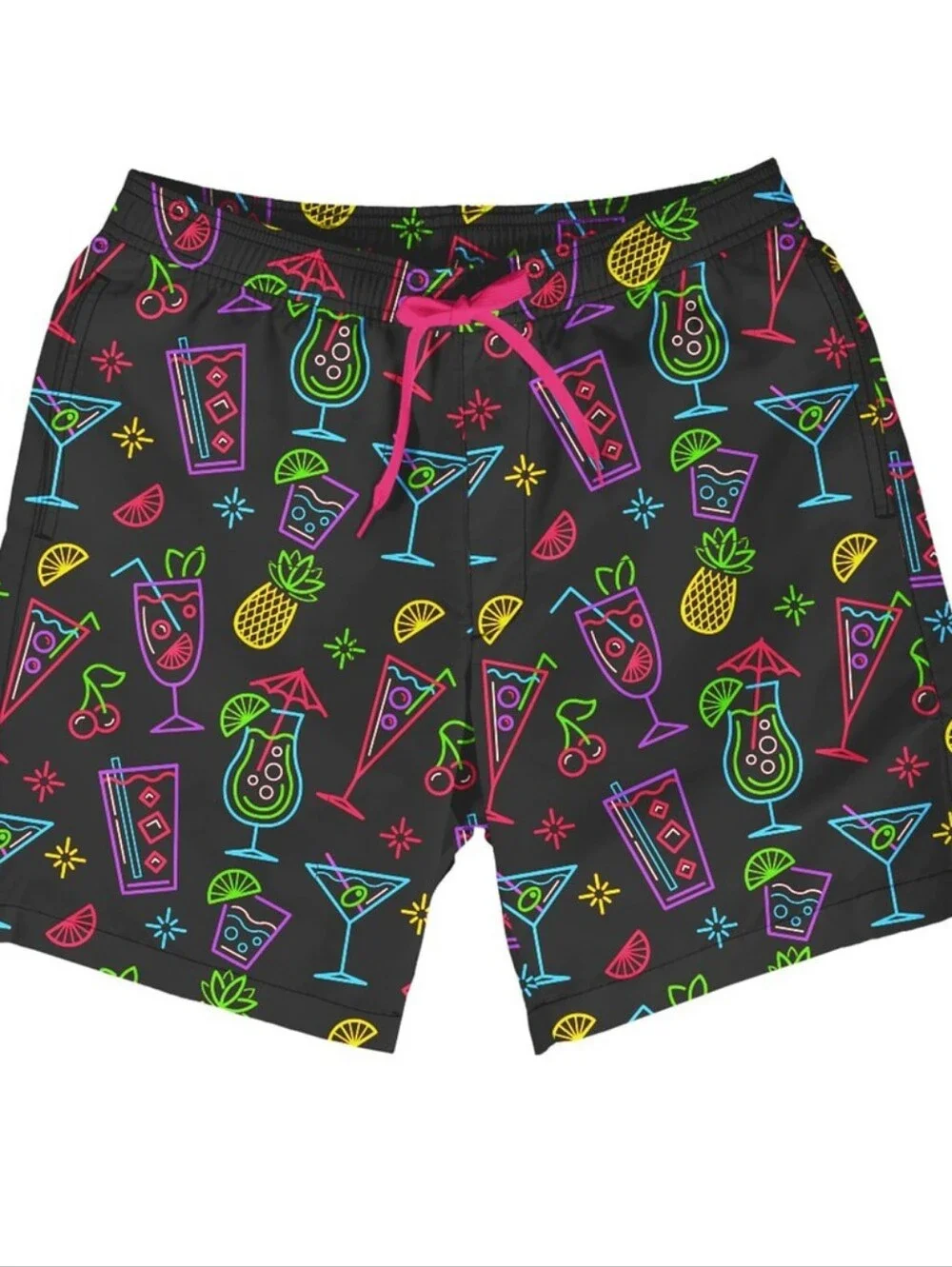 Tipsy Elvex Men's Black Neon Cocktail Print Swim Shorts 7.5 Inseam Size Large NW